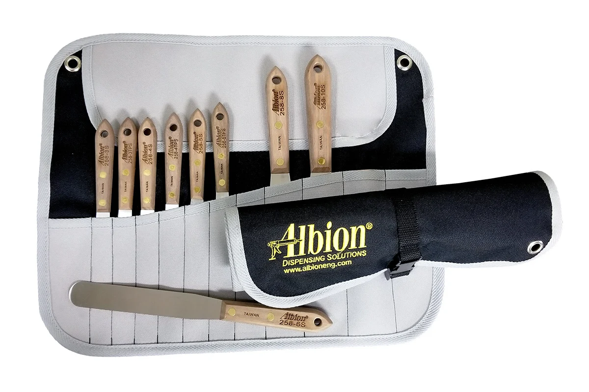 Albion 258-G01 3/8 in. to 1-1/2 in. Hardwood Handles Caulk/Sealant Finishing Metal Spatulas with Tool Wrap (9-Piece) - Image 2